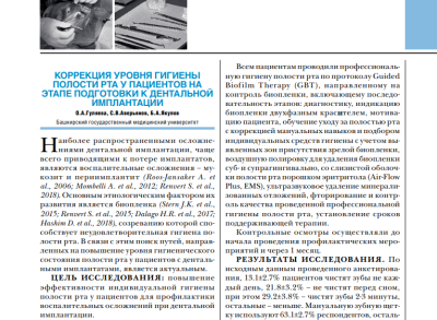 КОРРЕКЦИЯ УРОВНЯ ГИГИЕНЫ ПОЛОСТИ РТА У ПАЦИЕНТОВ НА ЭТАПЕ ПОДГОТОВКИ К ДЕНТАЛЬНОЙ ИМПЛАНТАЦИИ