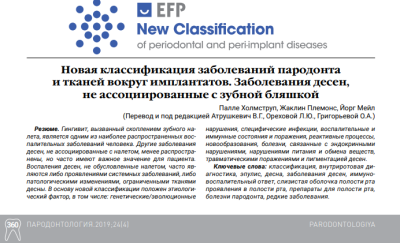 НОВАЯ КЛАССИФИКАЦИЯ ЗАБОЛЕВАНИЙ ПАРОДОНТА И ТКАНЕЙ ВОКРУГ ИМПЛАНТАТОВ. ЗАБОЛЕВАНИЯ ДЕСЕН, НЕ АССОЦИИРОВАННЫЕ С ЗУБНОЙ БЛЯШКОЙ